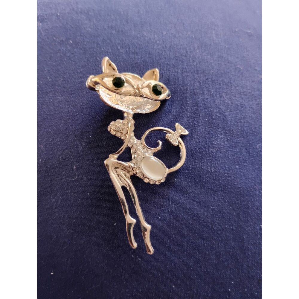 Sexy Cat Lady Brooch Pin Faux Opal, Glasses, Green Eyes, Bow on Tail
